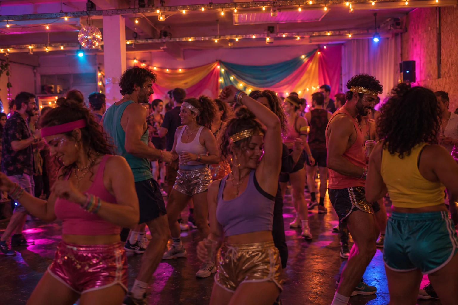 Dress inspiration: a close crowd dancing in headbands, metallic hotpants and colourful summer sportswear under dim party lights