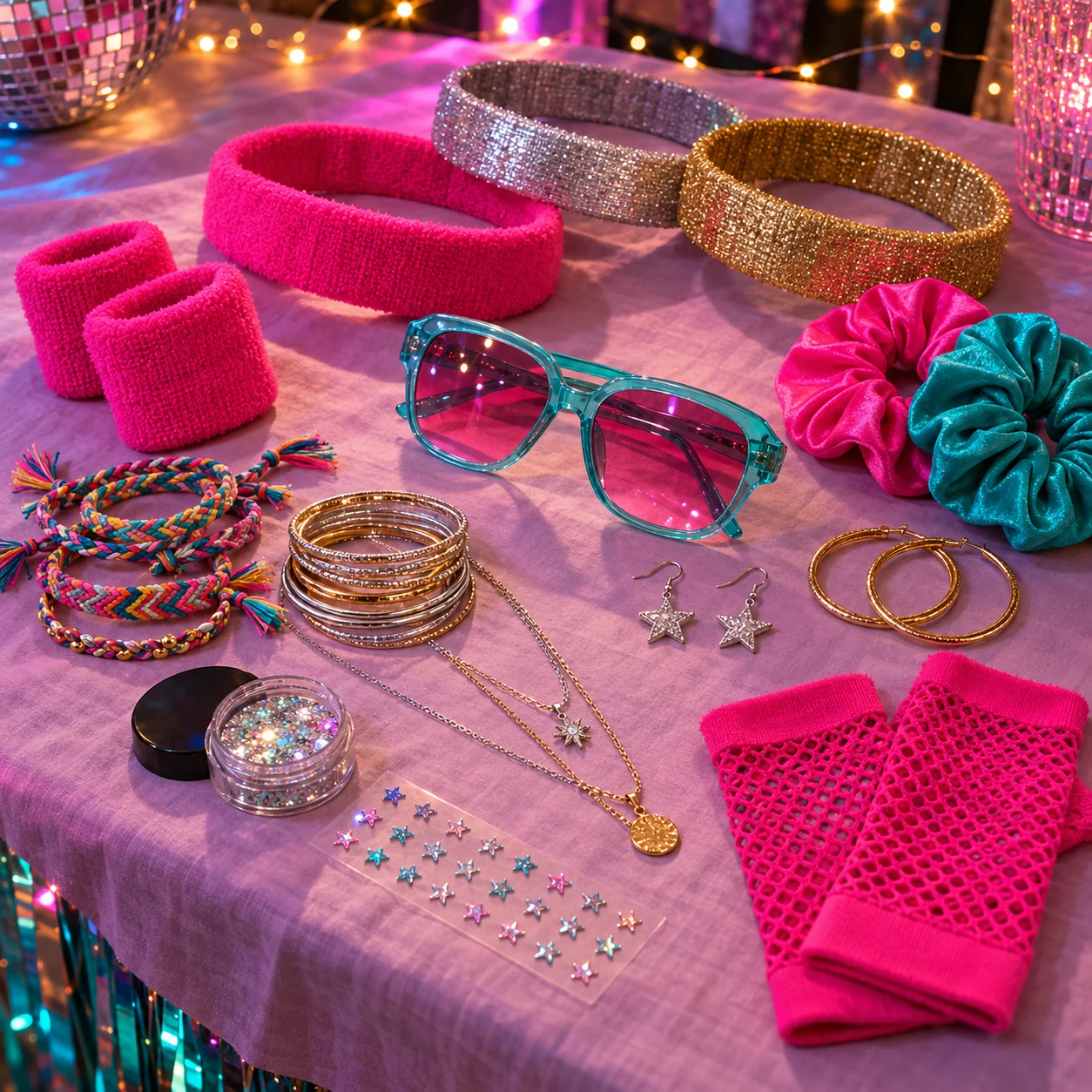 Accessory inspiration: colourful headbands, wristbands, friendship bracelets, silver and gold jewellery, and glitter makeup